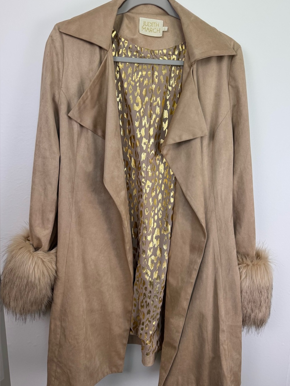 Judith March Taupe Faux Suede Waterfall Jacket Leopard Lining Faux Fur Cuffs L - Picture 2 of 16